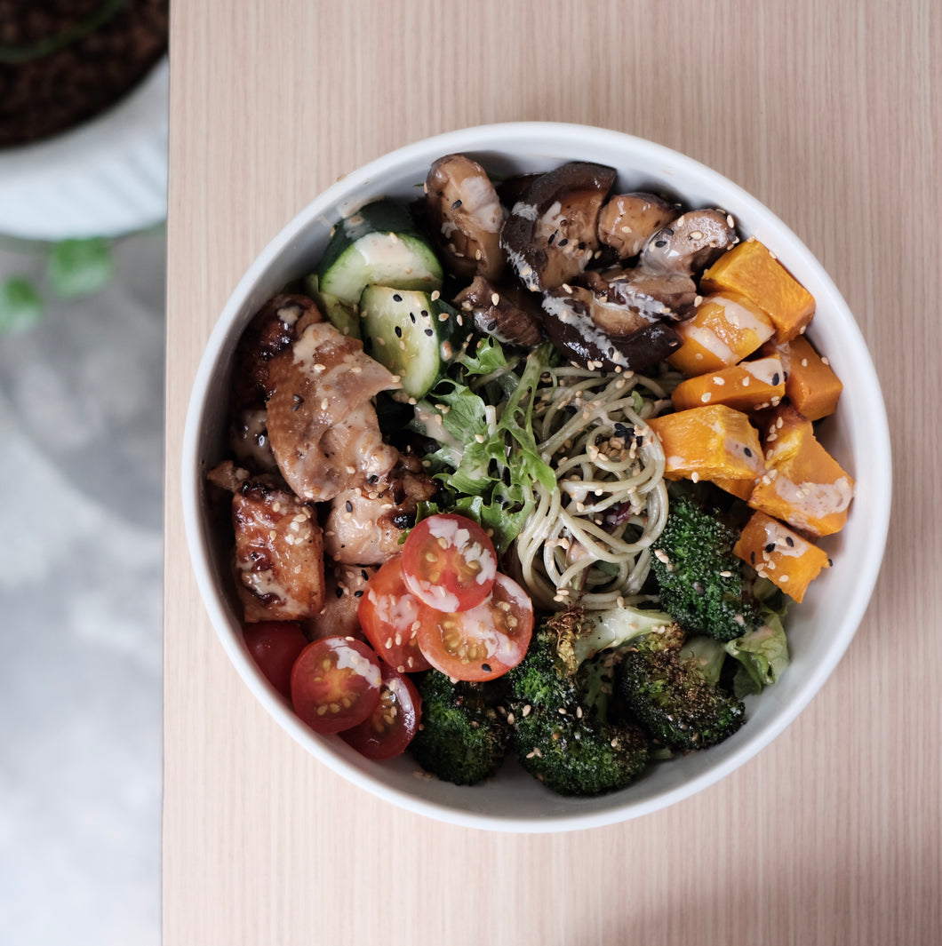 [EC] Cha Soba Bowl with Roasted Broccoli, Pumpkin, Mushrooms with Japanese Style Silken Tofu / Teriyaki Chicken (WEEKDAYS ONLY)