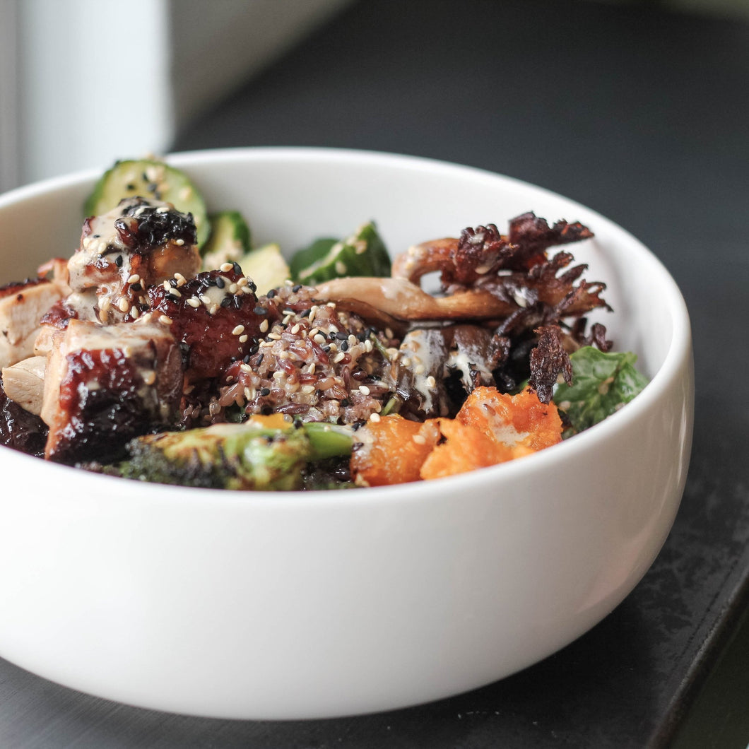 brawn & brains coffee, Hearty Grain Bowl with Long Grain Rice, Quinoa, Roasted Broccoli, Pumpkin, Mushrooms with Japanese Style Silken Tofu / Teriyaki Chicken